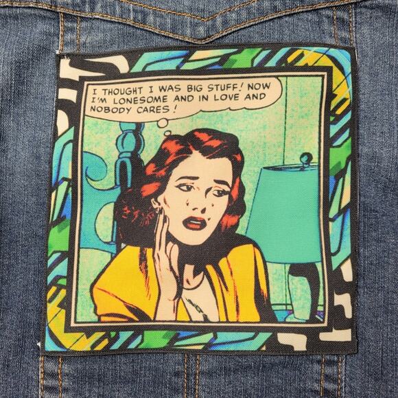 Upcycled Embellished One World Retro Comic Panel Denim Jacket size Small - Picture 3 of 12